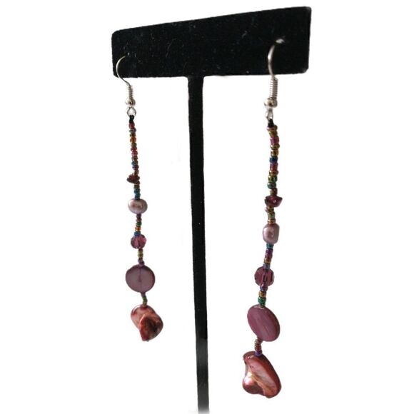 Metallic Shell Graduated Dangle Earrings‎ Glass Beads Handmade Coastal Beach 90s - Picture 7 of 16